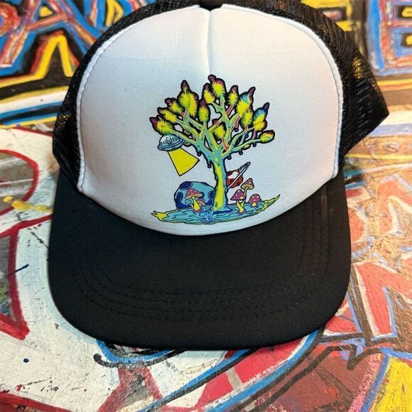 Retro Neon Trucker Hat Psychedelic Tree Design Unisex Adjustable Cap - Picture 1 of 5